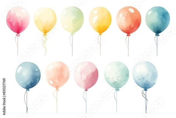 Fototapeta A set of watercolor balloons in various pastel colors. The balloons are all different sizes and are arranged in a random order.
