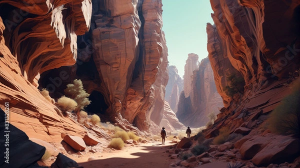 Fototapeta Within the Echoing Canyons, creatures with elongated limbs and serrated teeth blend with the rocky cliffs, their silent movements echoing through the labyrinthine passages, Generative AI