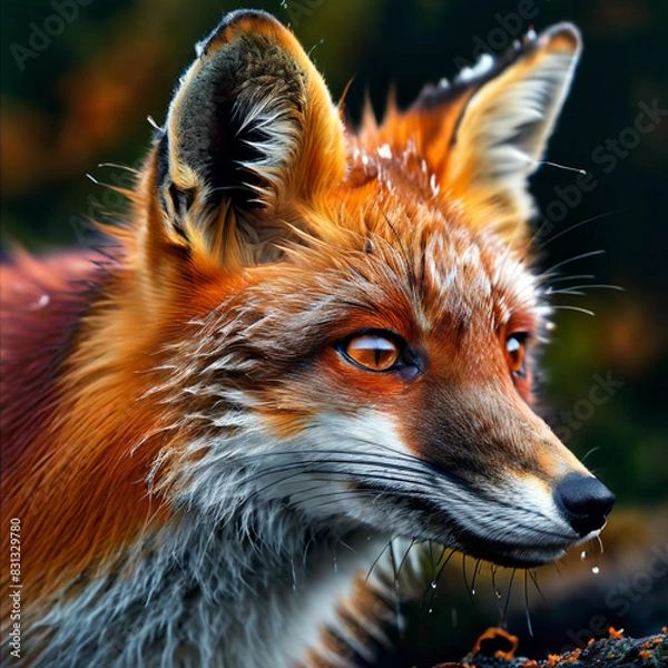 Fototapeta Hochdetaillierter Fuchs aus der Nähe im Regen - Fuchs in wunderschönen Farben im Wald, Fuchs sucht etwas 