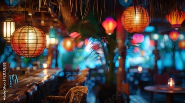 Fototapeta A warm and inviting Tiki bar illuminated by colorful lanterns creates a cozy ambiance with wooden decor and candlelight.