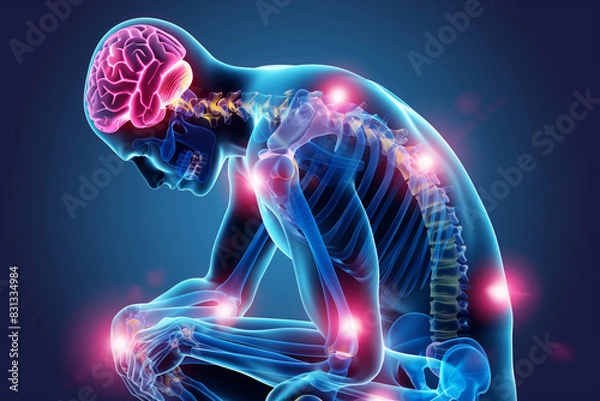 Fototapeta 3D illustration of human skeleton with highlighted pain points and brain activity. Medical anatomy and chronic pain concept. Design for healthcare, medical studies, and pain management
