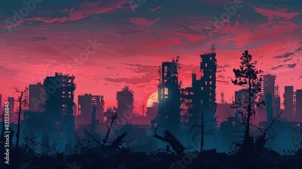 Obraz postapocalyptic cityscape silhouette at dusk destroyed buildings wide panoramic view digital painting
