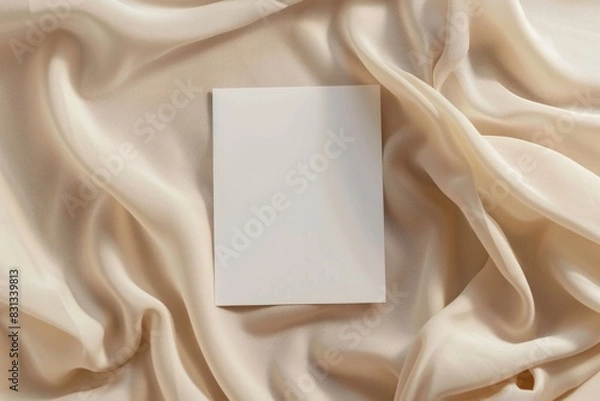 Fototapeta Mockup of white A5 card over beige fabric, in soft light, minimalist aesthetic template,