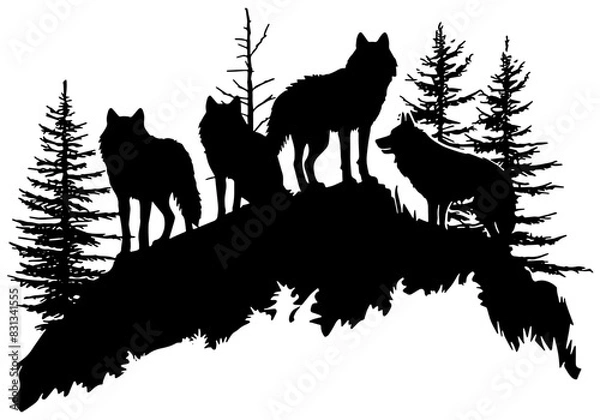 Obraz Silhouette of a wolf pack on a mountain with pine trees, isolated 