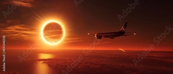 Fototapeta AI Image Generator of An airplane is flying past the sun during a solar eclipse