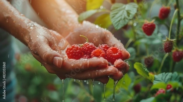 Obraz Fresh wet raspberries in the hand