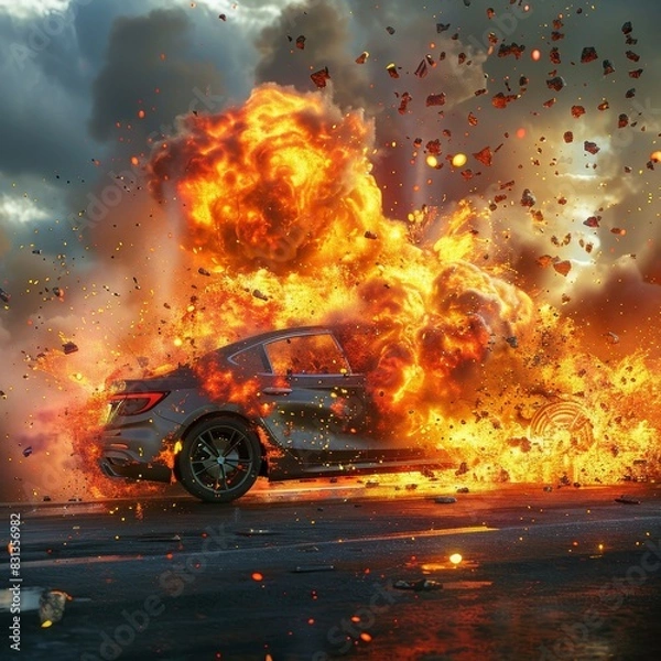 Fototapeta A photorealistic 3D render of an EV car exploding violently, with flames and debris flying in all directions, capturing the intense energy and destruction High definition, dramatic