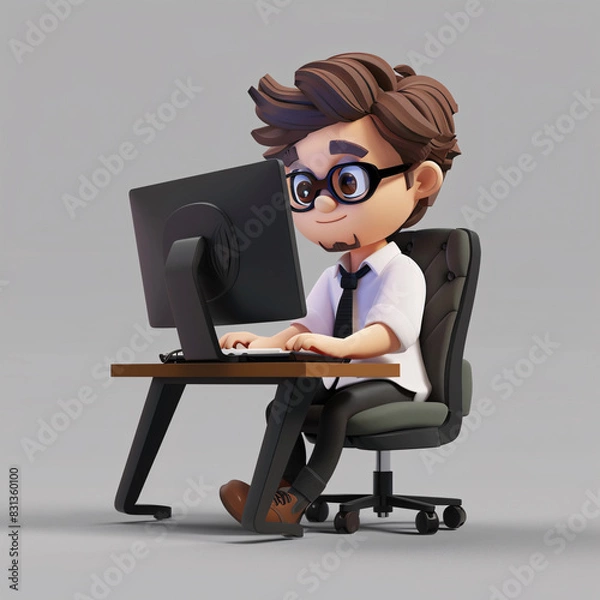 Obraz Meet 3D Programmer: a friendly cartoon mascot, comfortably seated in front of a computer. This character embodies the world of coding and software development with its casual yet focused demeanor.