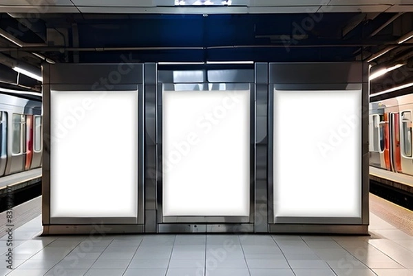 Fototapeta Set of 3 sign board stands in a subway metro station, road sign board, signboard, billboard