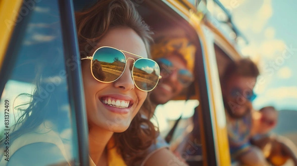 Obraz Happy group of friends embarking on a road trip for exploring new places, friendship, travel and vacation lifestyle concept.