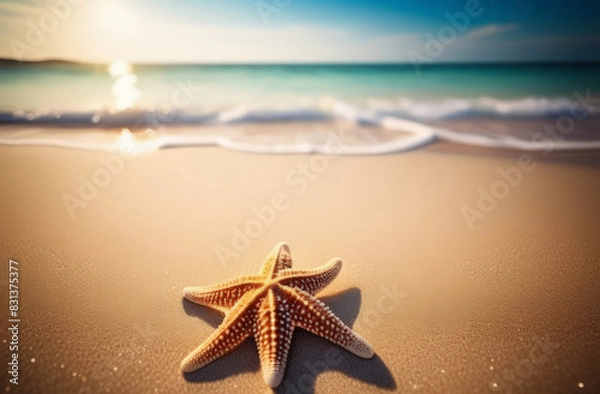 Fototapeta One sea-star lies on the tropical beach in sand, copyspace for text. Concept of summer relaxation