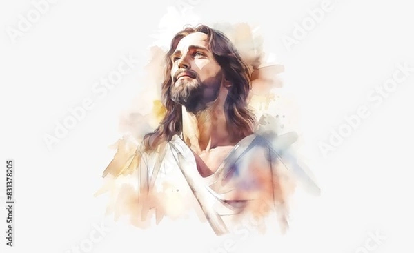 Obraz Watercolor portrait of Jesus Christ with copy space. New Testament. Biblical Illustration.