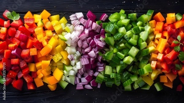 Fototapeta Vibrant Assortment of Fresh Chopped Vegetables on Dark Wooden Surface