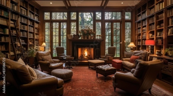 Fototapeta  home with a library that is filled with books, comfortable chairs, and a fireplace