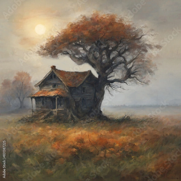 Obraz There is a tree and a house on the vast grassland