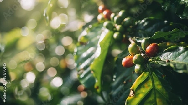 Fototapeta Detailed view of coffee beans growing directly on a tree, showcasing the natural process of coffee cultivation.