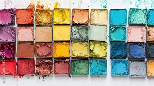 Fototapeta Colorful eyeshadow palettes arranged separately on a white backdrop