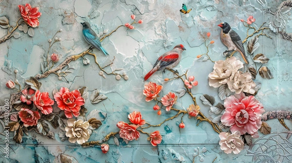 Obraz 3D blooming flowers and birds, Fluid abstract expressionism, Aesthetics colorful floral inspirational tenderness illustration, oil paint, 3D Wall decoration photo, Generated AI.