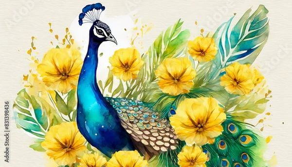 Fototapeta Original oil painting on canvas. Beautiful multicolored peacock. Modern art.