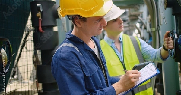 Fototapeta Civil engineer manager and foreman worker checking industry cooling air conditioner water cooling tower air chiller of large industrial building to control air system at construction site