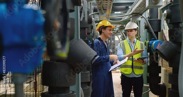 Obraz Civil engineer manager and foreman worker checking industry cooling air conditioner water cooling tower air chiller of large industrial building to control air system at construction site
