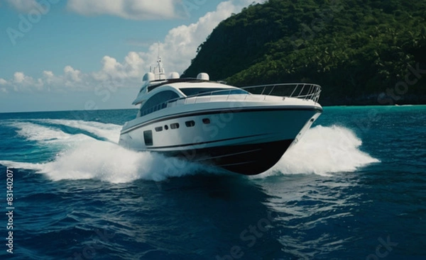 Fototapeta Modern Luxury Yacht Gliding Through Crystal Blue Waters with Scenic Green Mountains in the Background