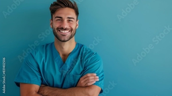 Fototapeta Handsome doctor in blue scrubs smiling at camera on solid color background. Arms folded across the chest. Man posing for portrait in clinic hall, promoting modern technology in medical job.