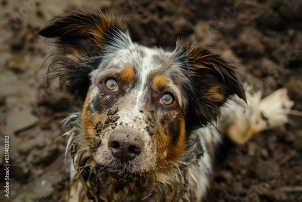 Fototapeta Portrait of a dirty australian shepherd looking at the camera with multicolored eyes, after playing in mud