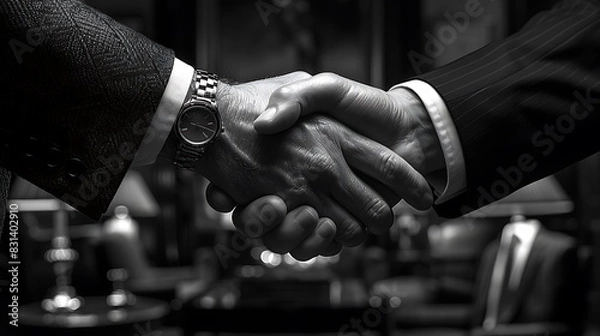 Fototapeta High contrast black and white close-up of a handshake, focusing on the detailed textures, timeless and classic, blurred office setting, professional and elegant, 16:9 ratio 