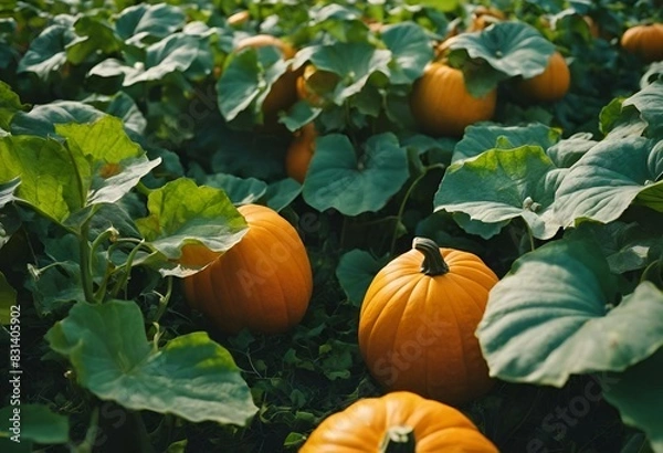 Fototapeta AI generated illustration of pumpkins growing on lush green field