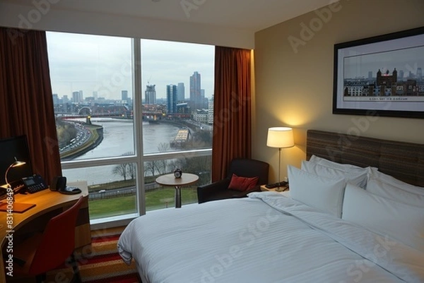 Fototapeta Comfortable hotel room with a city view, featuring a cozy bed and modern amenities for a relaxing and convenient stay