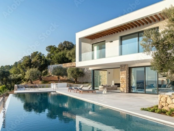 Obraz A large white house with a pool and a patio. The pool is surrounded by a white fence and has a large mirror reflecting the house. The patio has several lounge chairs and a dining table