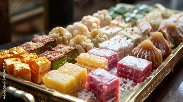 Fototapeta Colorful Indian sweets displayed in a traditional brass tray, including barfi, ladoo, and peda, offering a delightful end to an Indian meal