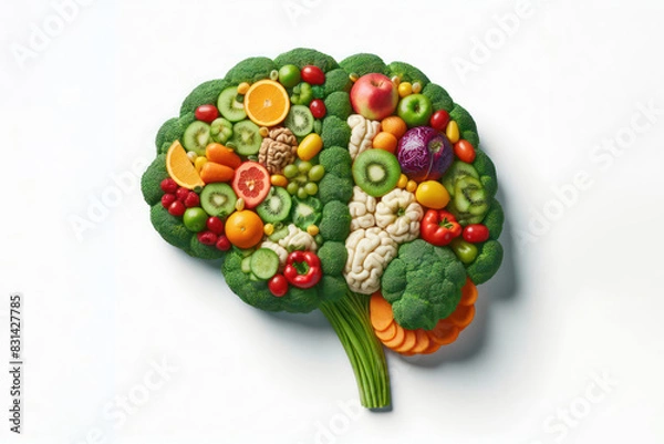 Fototapeta Brain Shaped Fresh Fruit and Veggies Isolated on white background