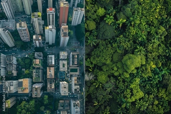 Obraz Contrast Between Urban Density and Pristine Nature: Aerial Comparison for Environmental Themes