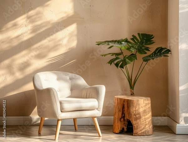 Fototapeta A white chair is sitting in front of a wooden stump. The chair is empty and the stump is full of a green plant. The room is well lit and the plant is placed in the middle of the room