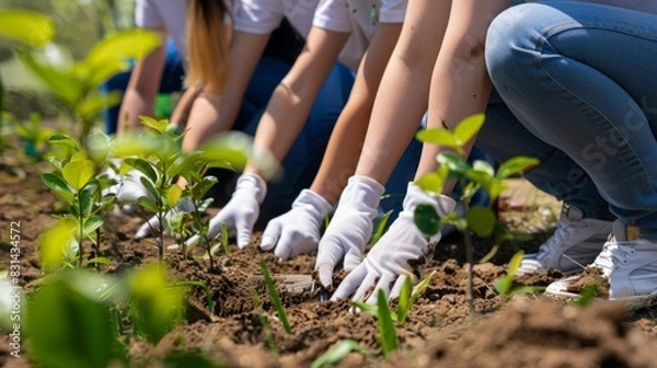 Fototapeta Volunteers participating in a tree planting event, joining hands to make a positive impact on the environment and combat climate change