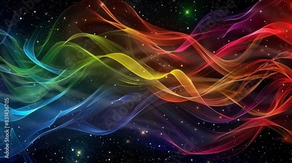 Fototapeta An abstract wallpaper featuring interwoven rainbow ribbons forming intricate patterns, with fluid gradients blending between colors. The background is a deep, cosmic black with tiny white stars
