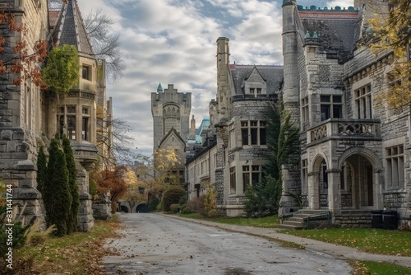 Fototapeta Campus Buildings. Ancient Stone Castle Tower in Old City Architecture