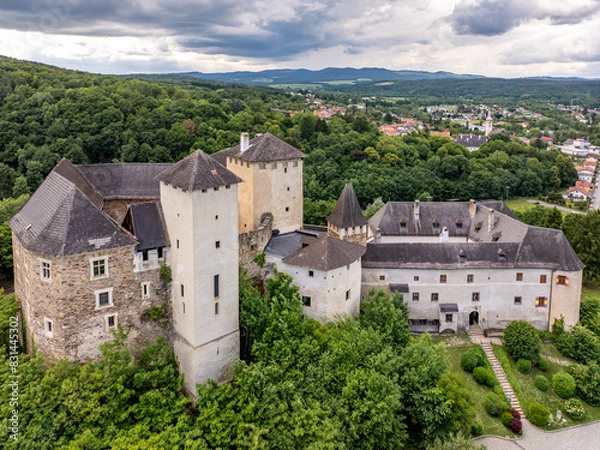Fototapeta Aerial view of the Burg Lockenhaus Castle in the Burgenland region of Austria. Burg Lockenhaus is 368 metres (1,207 ft) above sea level. The castle was built in Romanesque and Gothic architectural 