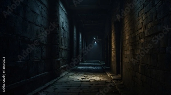 Fototapeta A hauntingly ominous corridor, every inch exuding a sense of dread and mystery: shadows dancing in the dim light