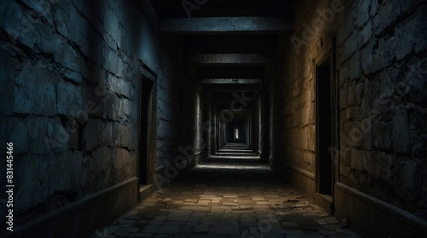 Fototapeta A hauntingly ominous corridor, every inch exuding a sense of dread and mystery: shadows dancing in the dim light