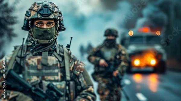 Fototapeta Soldiers in Tactical Gear on Battlefield. Generative ai