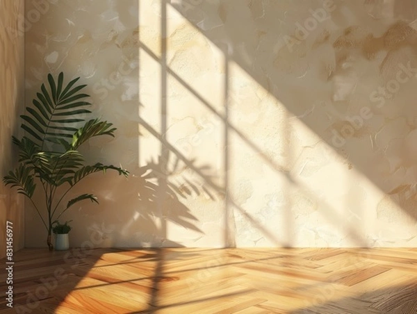 Fototapeta A room with a plant and a window. The plant is in a pot and the window is letting in sunlight. The room is empty and has a simple, clean look