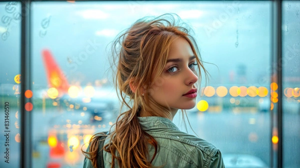 Fototapeta Beautiful young woman standing in front of window next to airport.