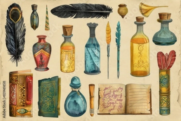 Fototapeta Explore a charming collection of quills, ink bottles, and parchment paper adorned with delightful patterns.