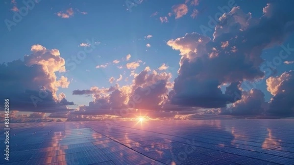 Fototapeta A time-lapse of clouds drifting lazily across the sky, casting ever-changing shadows on a vast array of solar panels, capturing the beauty of nature's dance with technology.