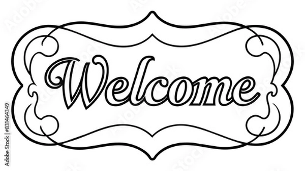 Fototapeta Elegant calligraphic Welcome text with intricate swirls, flourishes, perfect for greeting cards, invitations, signage, digital projects. Black and white design, suitable for various styles, themes