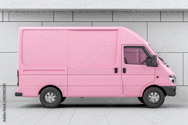 Obraz Pink van mockup with empty space on white wall background, advertising for delivery