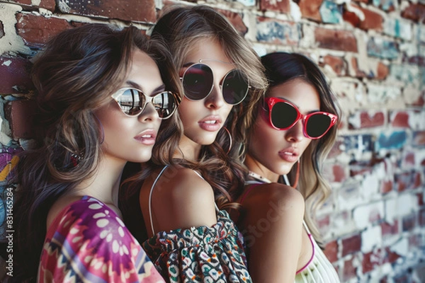 Obraz Three glamorous models in sunglasses against a brick wall